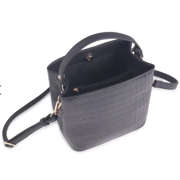 New Aota Elena Vegan Leather Croc Embossed Crossbody Bucket Bag Black - Picture 8 of 12